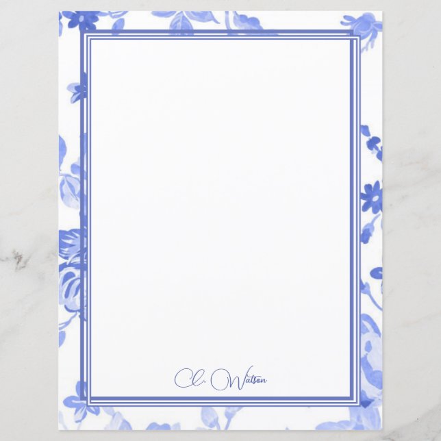 Blue Florals on White Personalised Paper Sheet (Front)