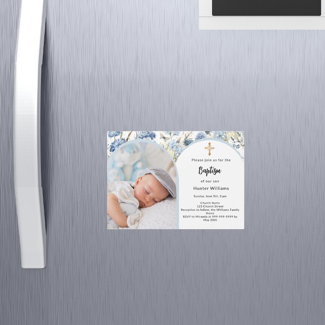 Blue florals photo arch boy cross Baptism Magnetic Invitation (Creator Uploaded)
