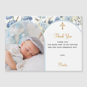 Blue florals photo Baptism magnet Thank You card