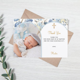 Blue florals photo boy gold cross Baptism  Thank You Card