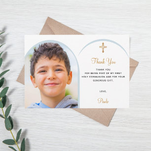 Blue florals photo boy gold cross First Communion  Thank You Card