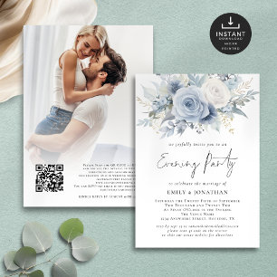 Blue Florals QR Photo Wedding Evening Party Invitation