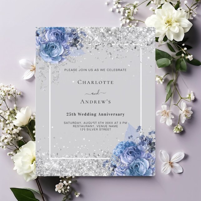 Blue florals silver 25th anniversary invitation (Creator Uploaded)