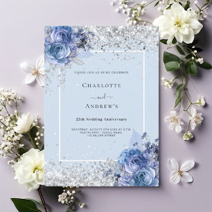 Blue florals silver 25th wedding anniversary invitation