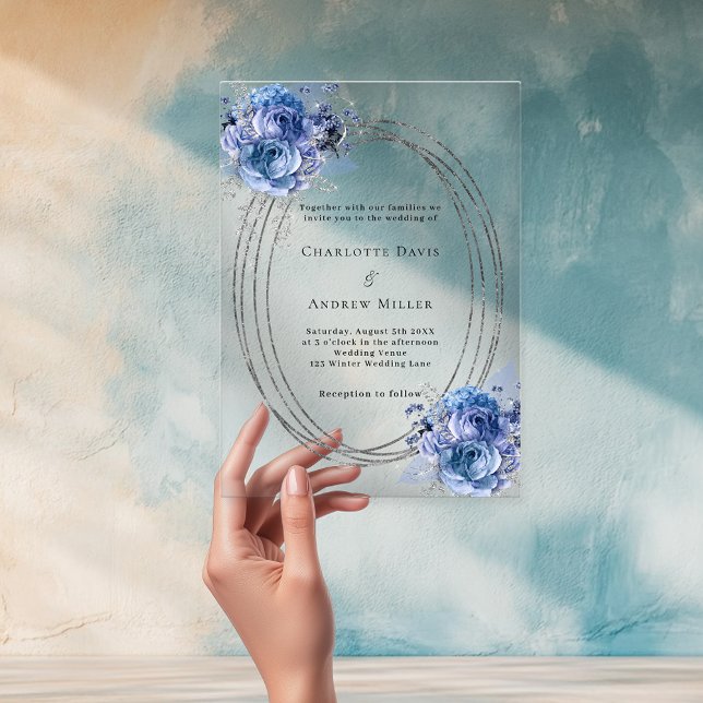 Blue florals silver frame clear wedding acrylic invitations (Creator Uploaded)