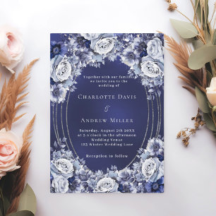 Blue florals silver frame wedding invitation