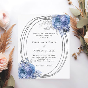 Blue florals silver frame wedding invitation