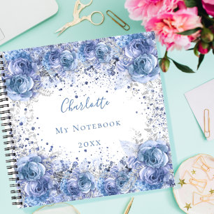 Blue florals white elegant name notebook
