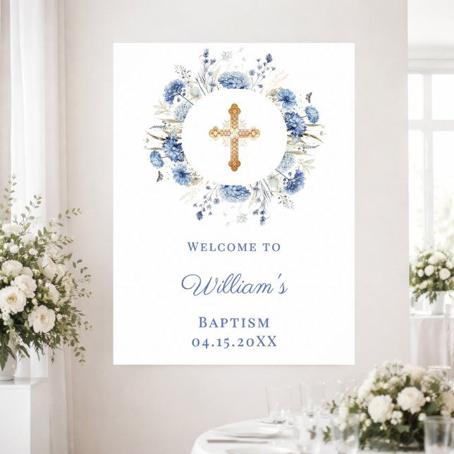 Blue florals wreath boy Baptism welcome Poster (Creator Uploaded)