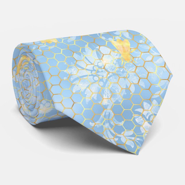 Blue Flourish and Gold Honeycomb Tie (Rolled)