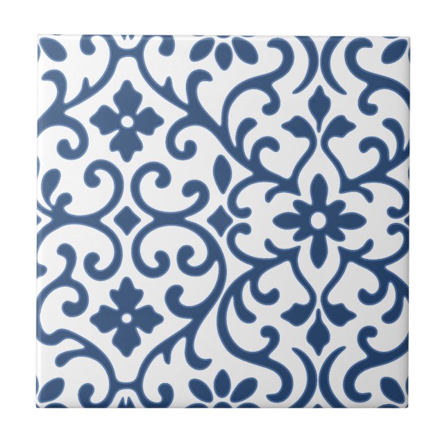 Blue Flourish Baroque Old World Charm Ceramic Tile (Front)