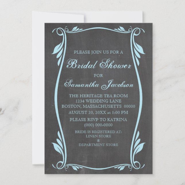 Blue Flourish Chalkboard Bridal Shower Invite (Front)