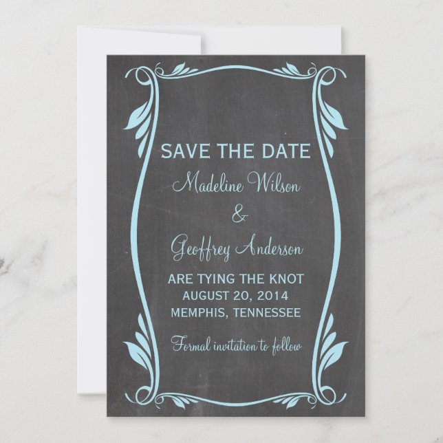 Blue Flourish Chalkboard Save the Date Invite (Front)