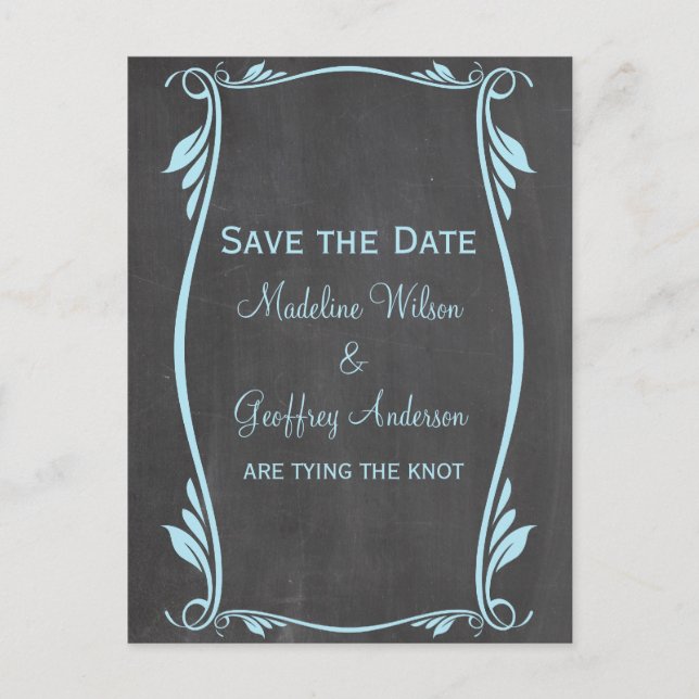 Blue Flourish Chalkboard Save the Date Postcard (Front)