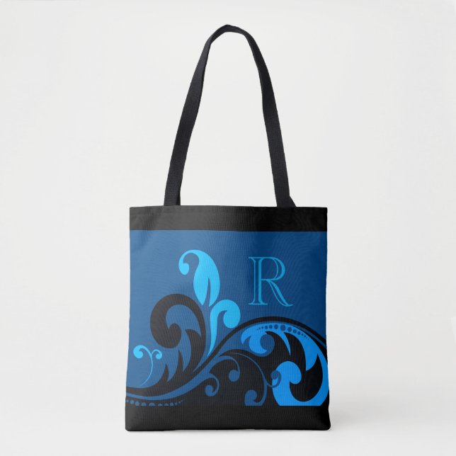 Blue Flourish Design with Monogram Tote Bag (Front)