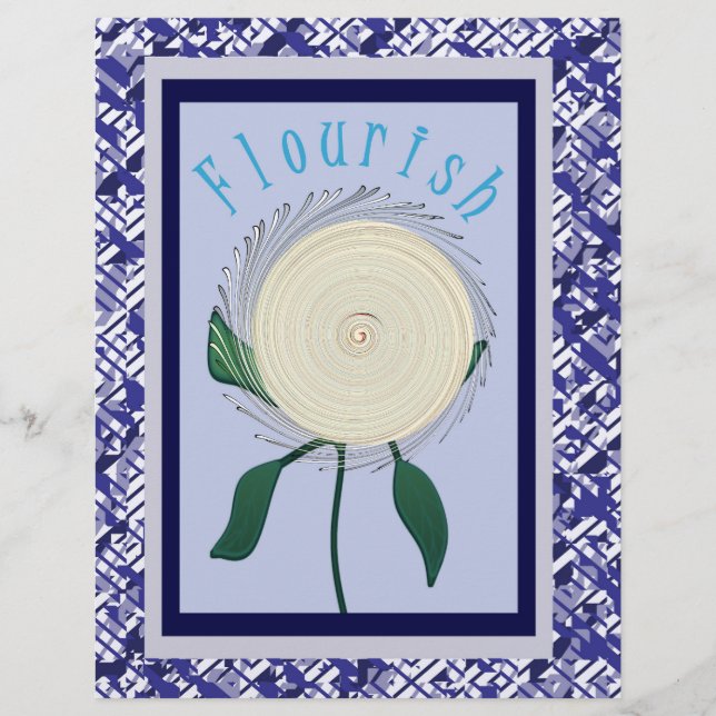 Blue Flourish Flower Scrapbook Paper Bulk Pages (Front)