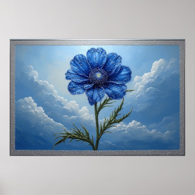 Blue Flower Against Bright Cloudy Sky Poster (Front)