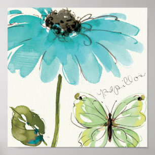 Blue Flower and Butterfly Poster