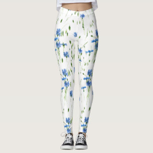 Blue flower and green leaves design transparent leggings
