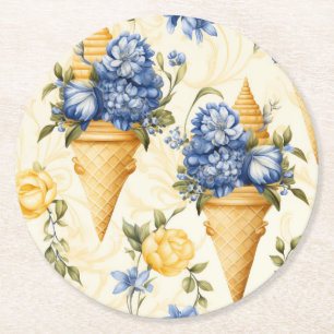 Blue Flower and Ice Cream Round Paper Coaster