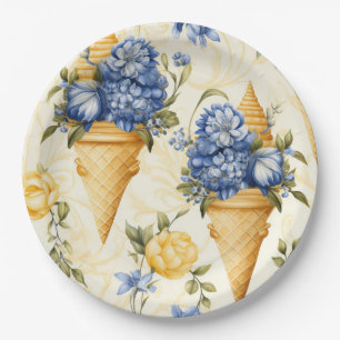 Blue Flower and Ice Cream - Round Paper Plate