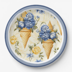 Blue Flower and Ice Cream with Border Paper Plate