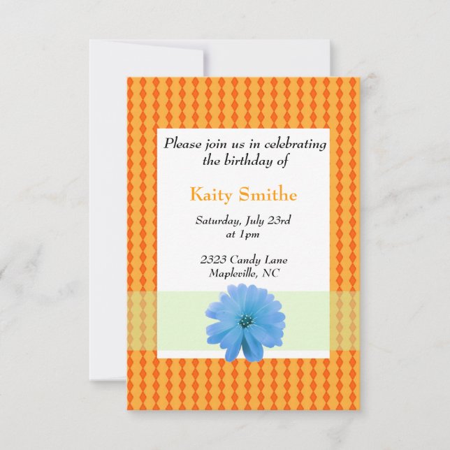Blue Flower and Orange Diamond Birthday Invitation (Front)