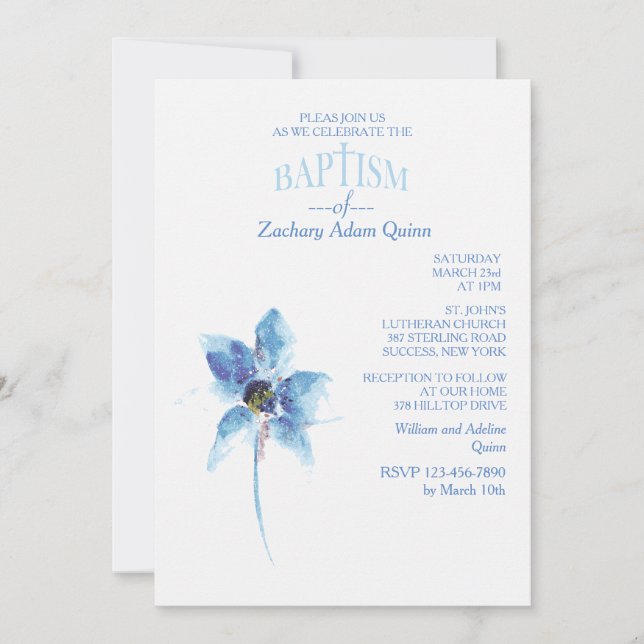 Blue Flower Baptism Invitation (Front)
