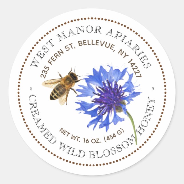 Blue Flower Bee Editable Honey Product Label (Front)