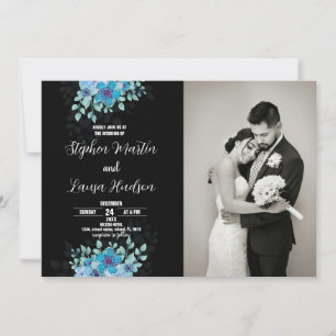 Blue Flower Black Wedding Invitations with photo
