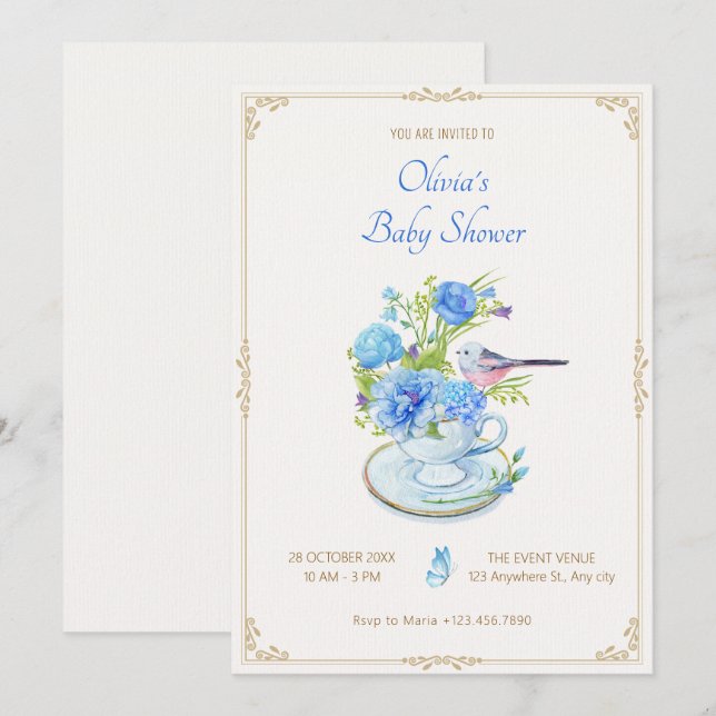 Blue flower bouquet bird baby shower invitation (Front/Back)