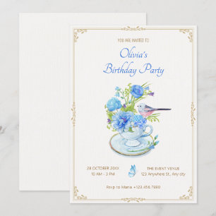 Blue flower bouquet bird birthday invitation
