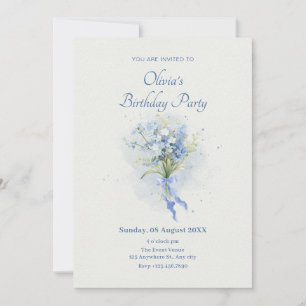 Blue flower bouquet birthday invitation