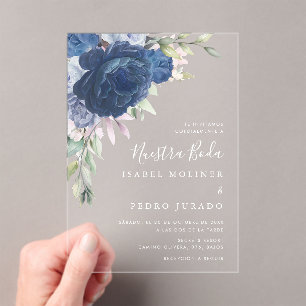 Blue Flower Bouquet Nuestra Boda Spanish Wedding Acrylic Invitations