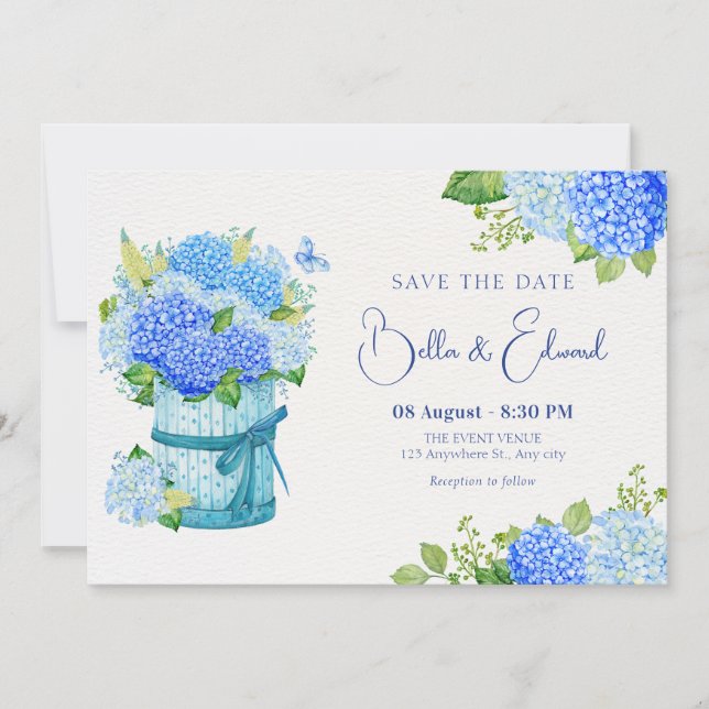 Blue flower bouquet wedding invitation (Front)