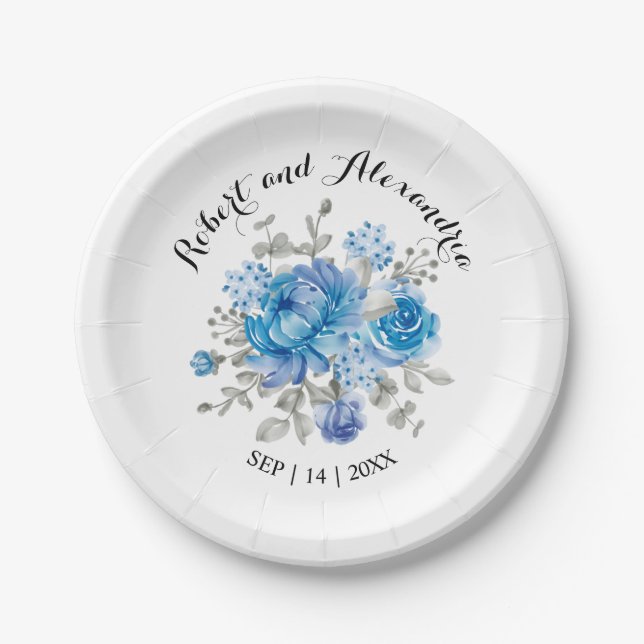 Blue Flower Bridal Shower Wedding Reception Paper Plate (Front)