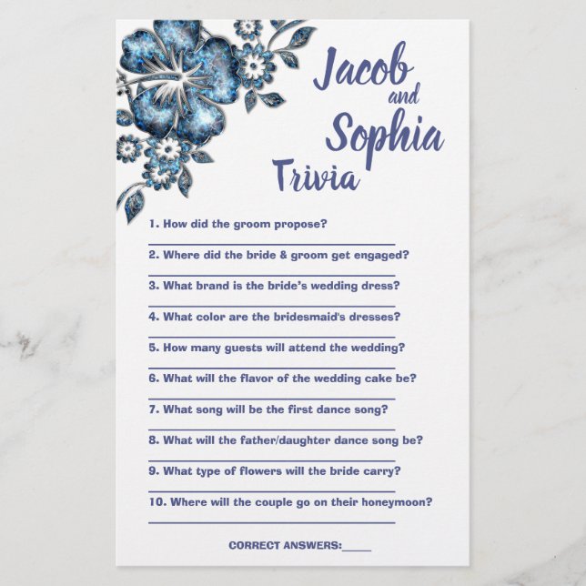 BLUE FLOWER BRIDE & GROOM TRIVIA SHOWER GAME CARD (Front)