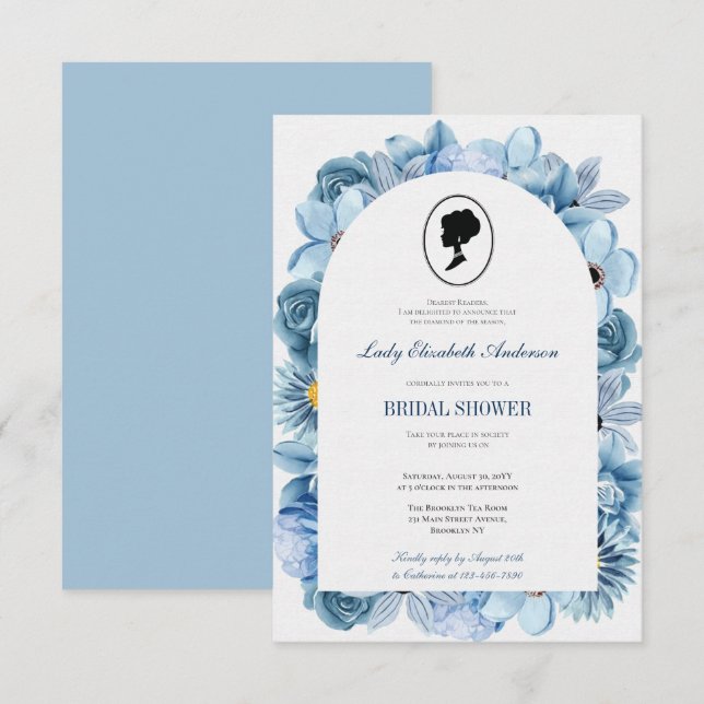 Blue Flower Bridge Theme, Nupci Tea Regency Invitation (Front/Back)