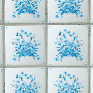 Blue Flower Bush Toile Inspired Decorative Tile