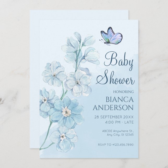 Blue Flower butterfly Watercolor Baby Shower Invitation (Front/Back)