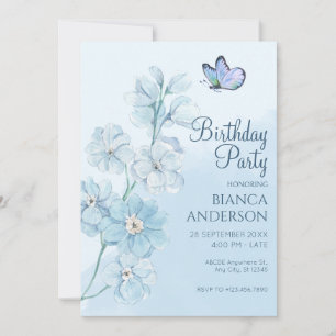 Blue Flower butterfly Watercolor Birthday Invitation