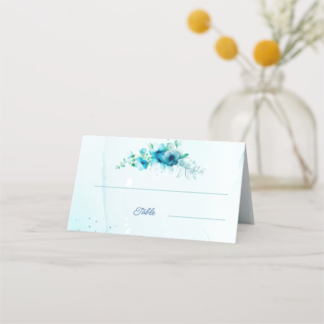 Blue Flower Custom Wedding Place Card (Front)