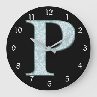 Blue Flower Damask Monogram Initial P Design Clock