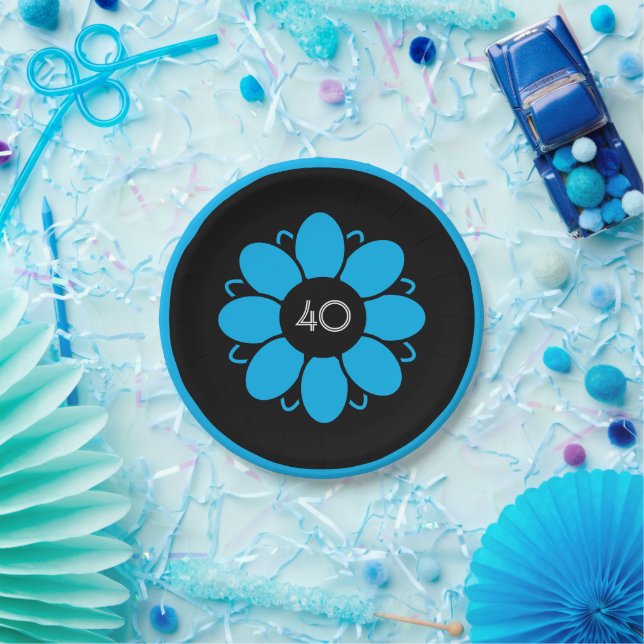 Blue Flower Design Pattern Birthday 40 Black Paper Plate (Party)
