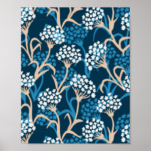 Blue Flower Drawing Pattern Poster