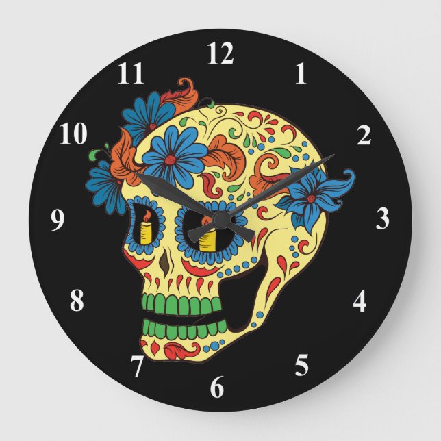 Blue Flower Eyes Day Of The Dead Sugar Skull Large Clock (Front)