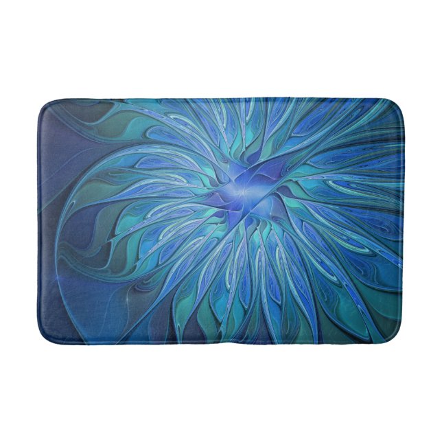 Blue Flower Fantasy Pattern, Abstract Fractal Art Bath Mat (Front)