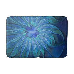 Blue Flower Fantasy Pattern, Abstract Fractal Art Bath Mat