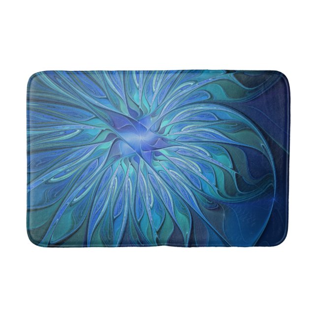 Blue Flower Fantasy Pattern, Abstract Fractal Art Bath Mat (Front)