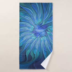 Blue Flower Fantasy Pattern, Abstract Fractal Art Bath Towel